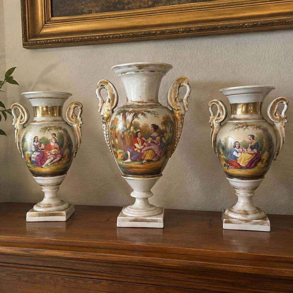 3 Antique Hand Painted Vieux Paris Porcelain Urns 19th Century